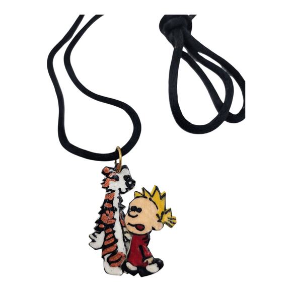 VTG 90s Calvin and Hobbes Composite Pendant Artisan Charm Necklace Jewelry - Picture 1 of 6